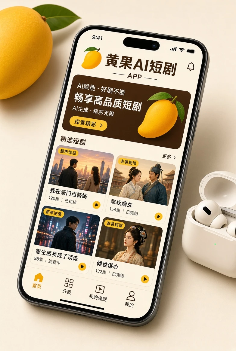 黄果AI短剧移动界面示意